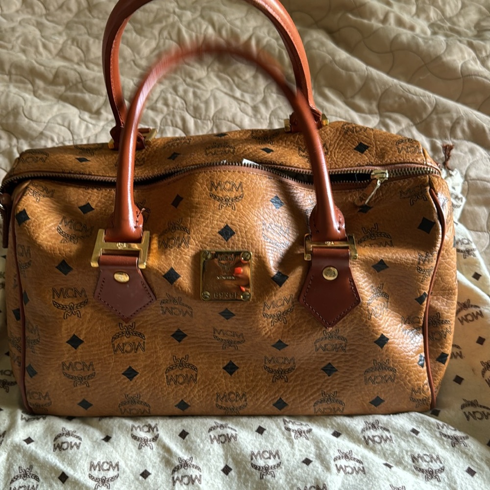 MCM Women's Cognac Leather Logo Tote Boston large, authentic , no strap